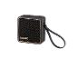 Enceinte portable noire avec un cadre doré et une sangle de transport noire.