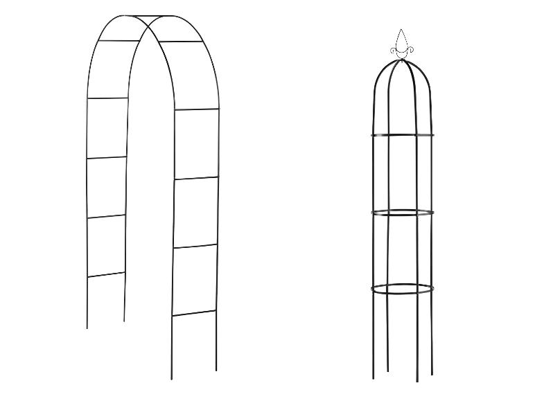 Arche de jardin et obélisque en métal noir pour plantes grimpantes.