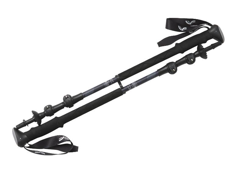 Une paire de bâtons de trekking noirs avec des dragonnes et des détails gris.