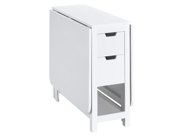 Table pliante blanche avec deux tiroirs.