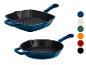 Poêles en fonte bleues, une grill et une poêle, avec des échantillons de couleurs.
