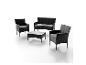 Ensemble de mobilier de jardin en rotin noir avec deux fauteuils, un canapé deux places et une table basse.