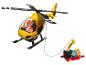 Un hélicoptère jaune avec une figurine de pilote et une corde de sauvetage