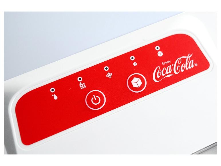 Machine à glaçons Coca-Cola avec des boutons pour allumer/éteindre, glace, eau et température.