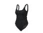 Maillot de bain une pièce noir texturé avec de larges bretelles et un anneau décoratif.