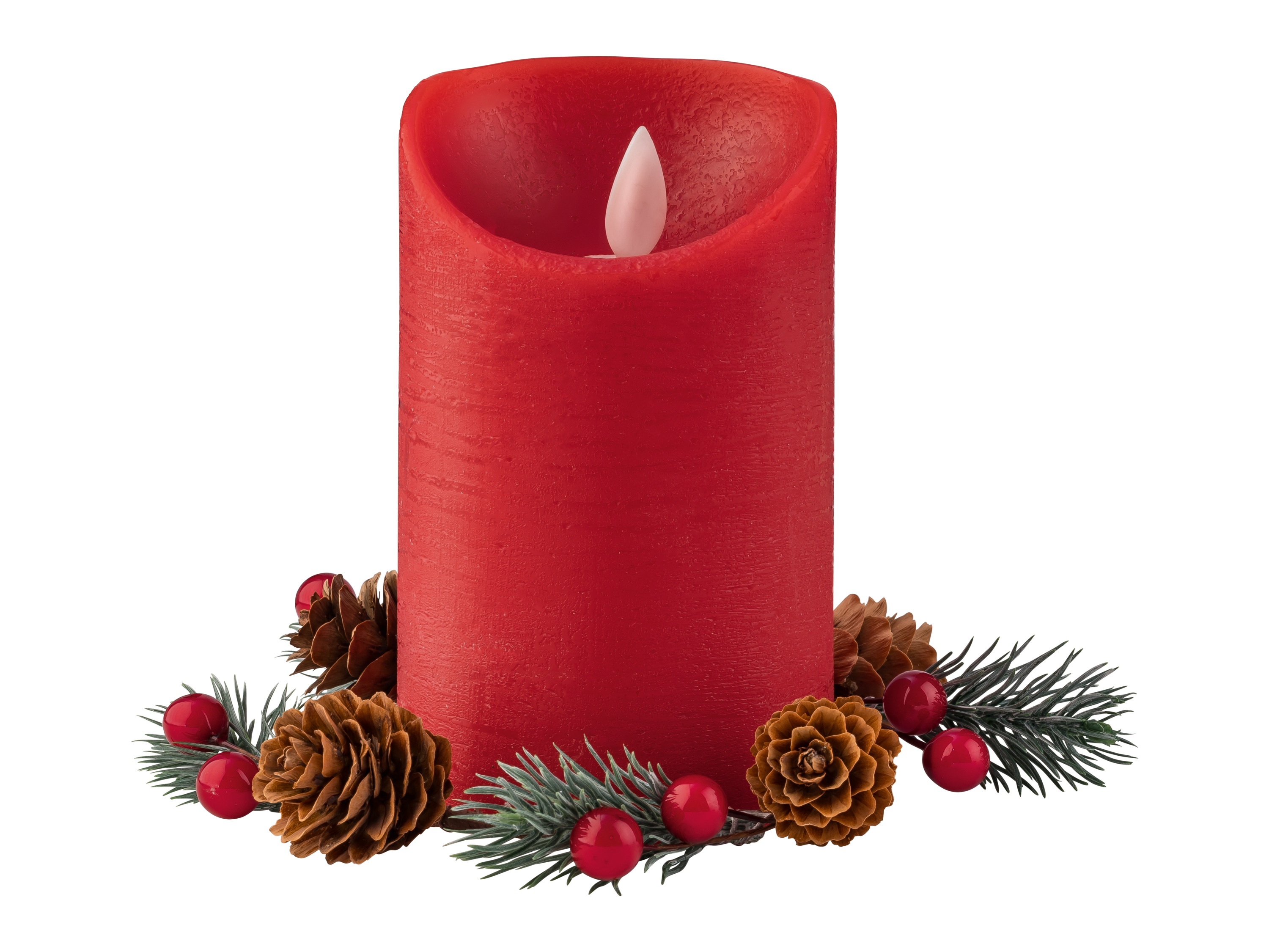 LIVARNO home Bougie LED en cire véritable (Bougie rouge avec branches de conifères)