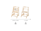 Chaise haute en bois réglable pour bébés (6 mois - 3 ans, max 15 kg) et adultes (3-99 ans, max 70 kg).