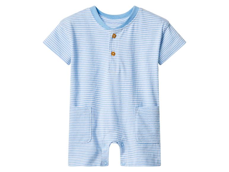 Barboteuse bébé rayée bleu et blanc à manches courtes et boutons
