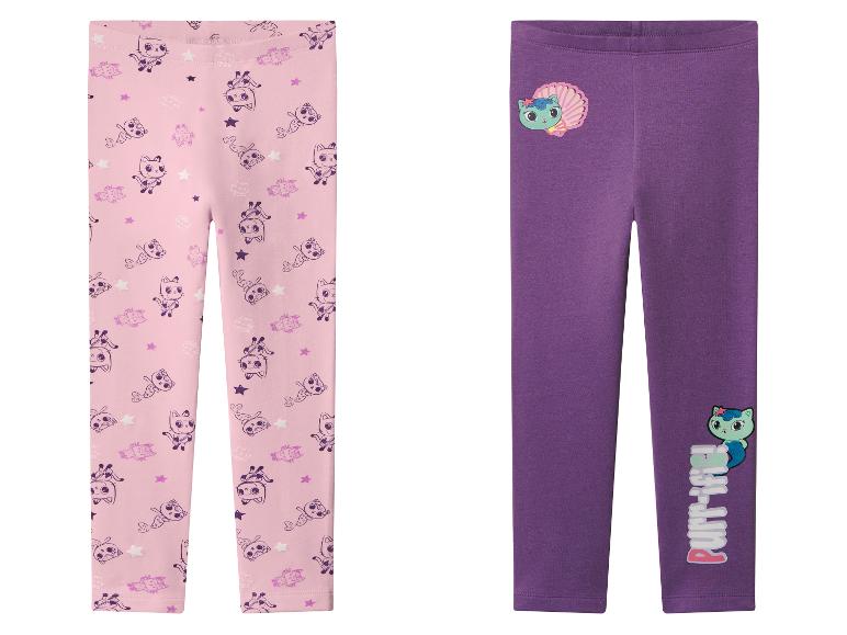 Leggings pour enfants avec motifs de chats et de sirènes, un rose à motifs et un violet imprimé.