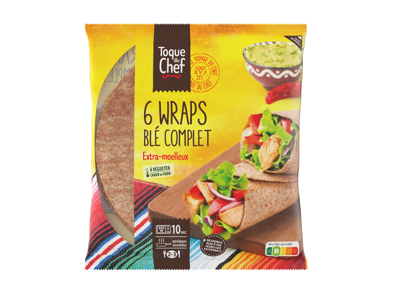 Emballage de 6 wraps blé complet, extra-moelleux, avec suggestions de service et Nutri-Score.