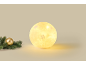 Lampe de Noël sphérique lumineuse avec motifs de flocons de neige à côté d'une branche de sapin