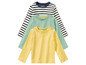Trois t-shirts à manches longues pour bébé en jaune, vert et rayé.