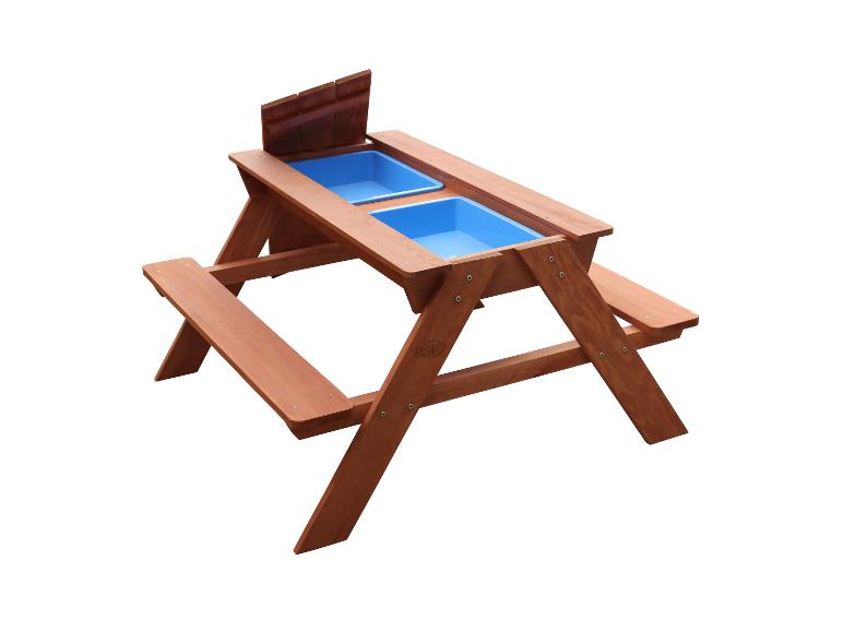 Table de pique-nique d'activités sable et eau SUNNY Dave avec deux bacs bleus.