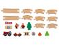 Rails de train en bois, véhicules de pompiers et figurines de pompiers.