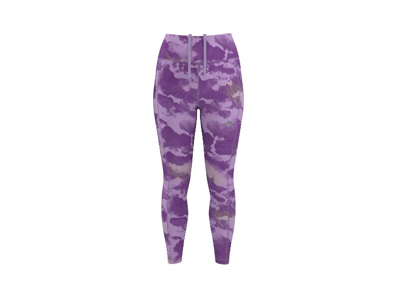 Legging de sport pour femme avec motif camouflage violet et cordon de serrage à la taille.