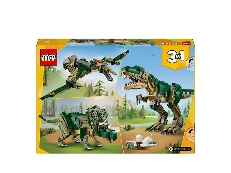 Ensemble LEGO Creator 3 en 1 avec un T-Rex, un Pterodactyle et un Tricératops.
