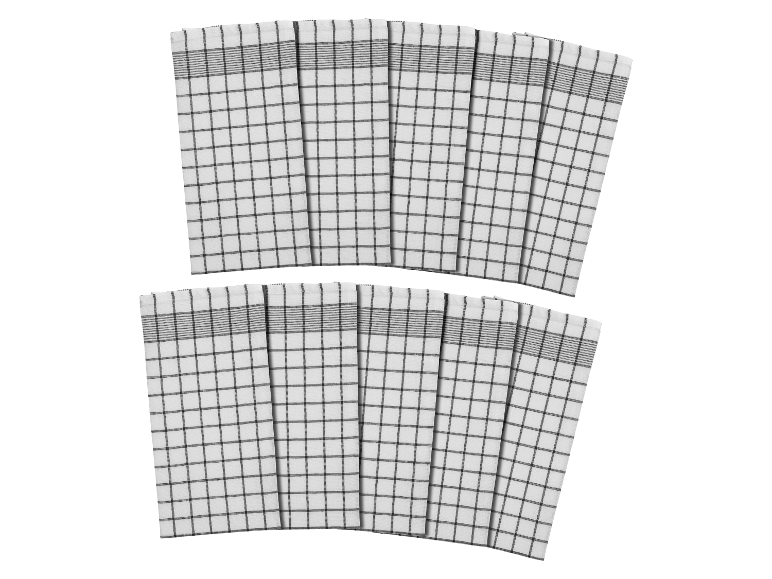 Douze torchons de cuisine à carreaux noir et blanc.