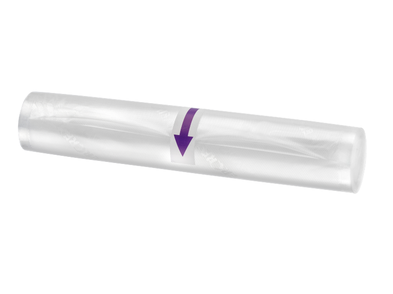 Rouleau de sacs sous vide transparents avec une flèche violette au centre