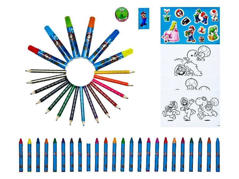 Un assortiment de fournitures artistiques comprenant des marqueurs, des crayons de couleur, des craies, des autocollants et des pages à colorier.