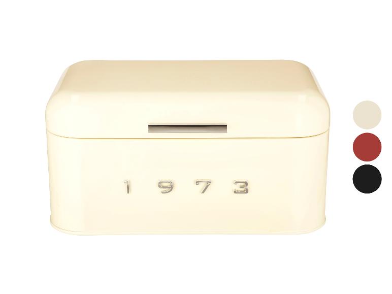 Boîte à pain crème avec chiffres métalliques «1973» et trois échantillons de couleur.