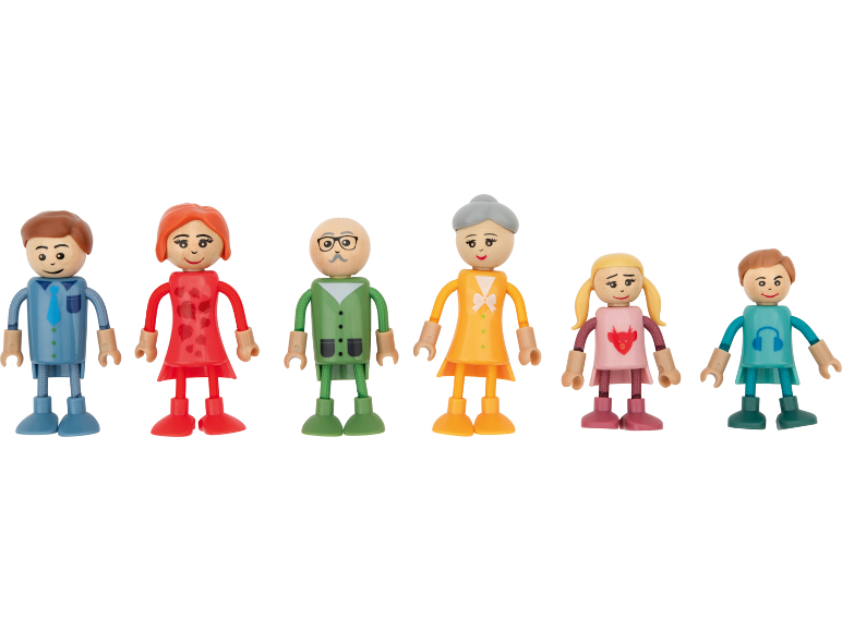 Ensemble de figurines en bois d'une famille : papa, maman, grand-père, grand-mère, fille et garçon.