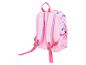 Sac à dos rose pour enfant avec des motifs de personnages de dessins animés bleus et roses.