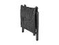 Une chaise pliante noire avec un siège gris tissé.