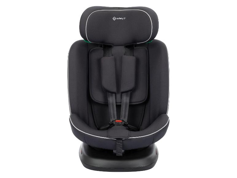 Siège auto noir pour bébé avec harnais de sécurité et détails blancs.