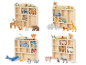 Étagères en bois avec figurines d'animaux : forêt, savane, mer et animaux de la ferme.