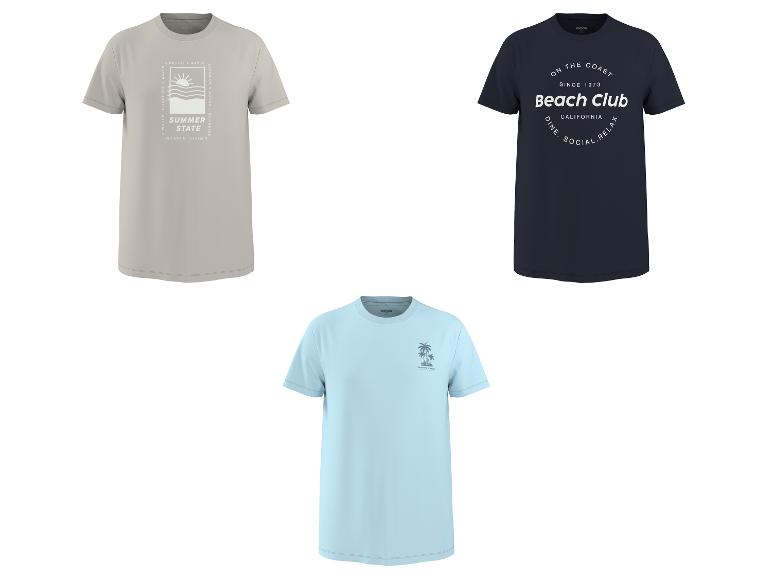T-shirts d'été avec imprimés de plage : un beige 'Summer State', un bleu marine 'Beach Club' et un bleu clair avec palmiers.