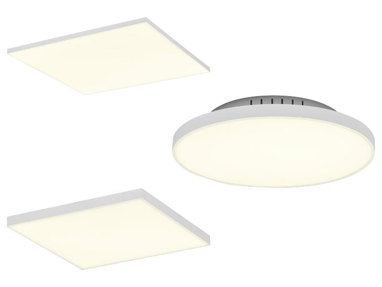 Deux plafonniers LED carrés et un rond sur fond blanc.