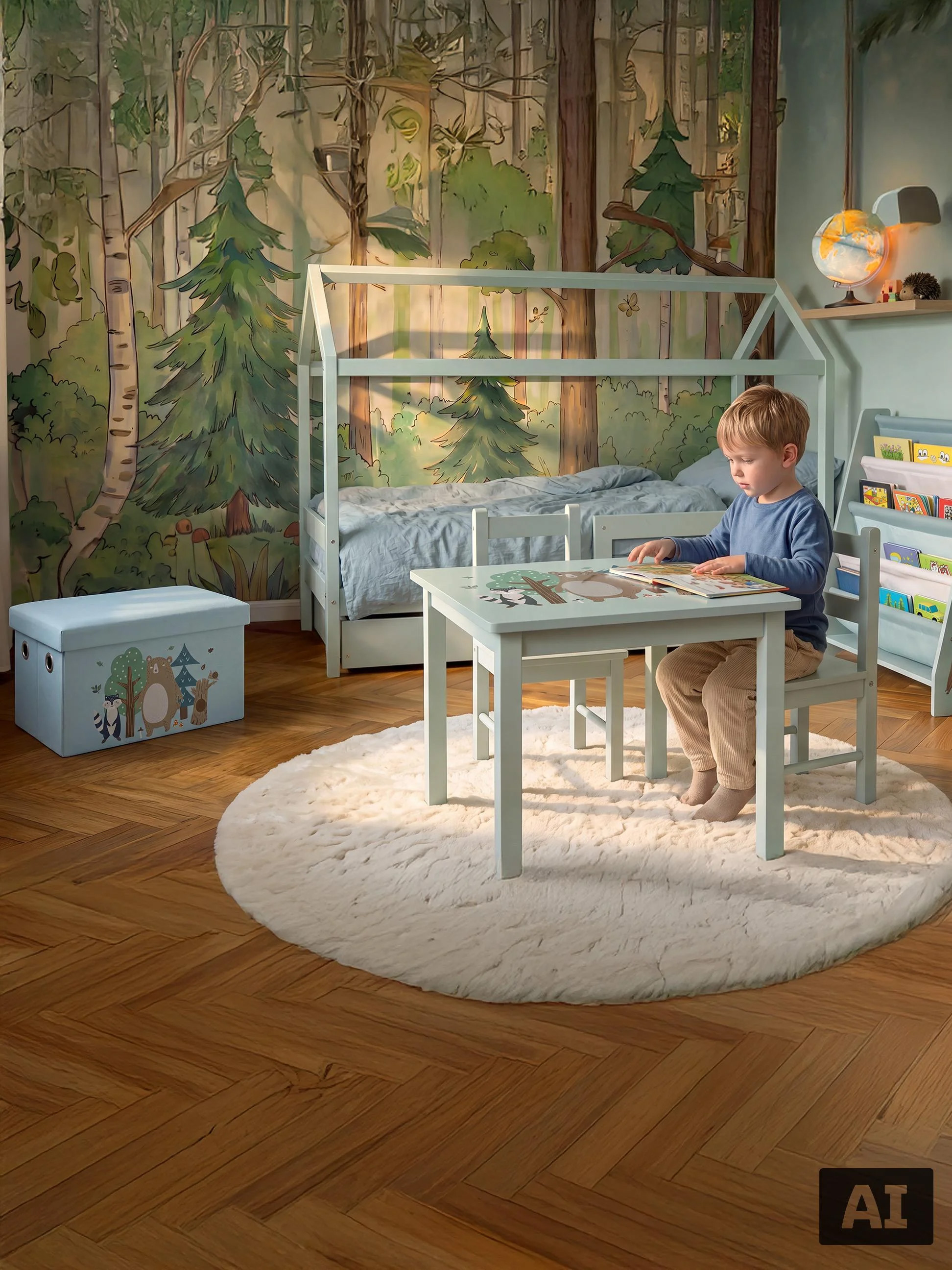 Chambre d'enfant avec lit en bois, table et chaises, coffre à jouets et tapis style forêt.