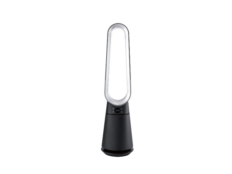 Ventilateur tour noir et argenté avec affichage numérique.