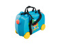 Une valise bleue à roulettes avec un motif Peppa Pig.