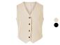 Gilet beige sans manches, boutons foncés.