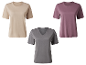Trois t-shirts unis en beige, gris et mauve.