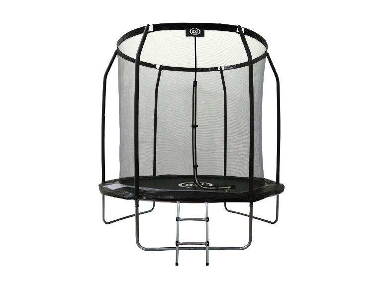 Trampoline rond avec filet de sécurité et échelle, en noir et gris.