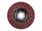 Gros plan d'un disque à lamelles rouge pour le meulage et le ponçage, avec un centre métallique.