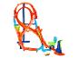 Ensemble de piste Hot Wheels orange et bleu avec boucles, rampes et une voiture jaune