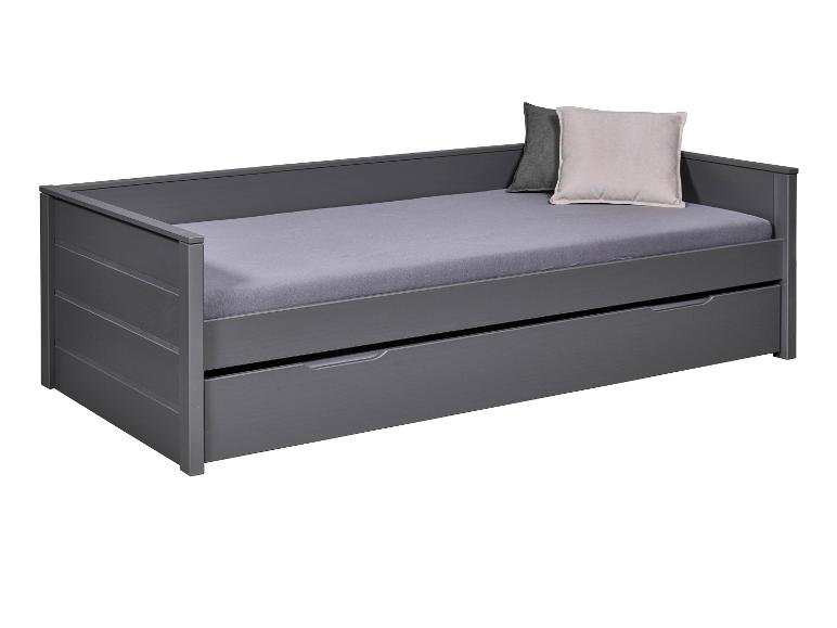 Canapé en bois gris avec tiroir.