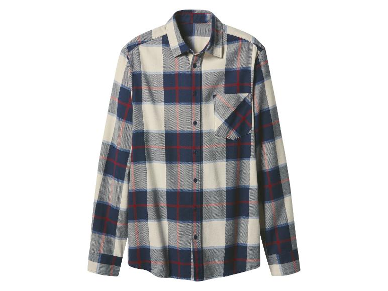 Chemise en flanelle à carreaux avec motif bleu, crème et rouge.