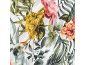 Tissu à motif tropical de fleurs, feuilles et un perroquet.