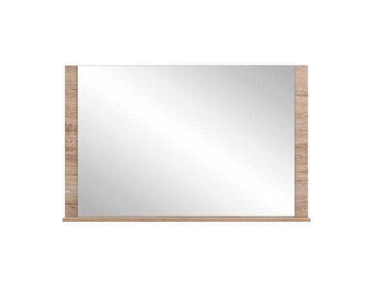 Miroir carré avec cadre en bois et petite étagère en dessous.
