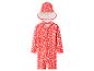 Maillot de bain intégral rouge pour enfant avec imprimé floral et chapeau assorti.
