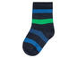 Une chaussette bleu foncé avec des rayures bleues et vertes.