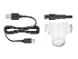 Accessoires de rasoir : câble USB, brosse de nettoyage et support de charge.