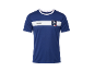 Maillot de sport bleu avec bande blanche, logo footballeur et numéro 9