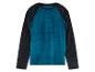 Un sweat-shirt turquoise à manches longues avec des empiècements noirs.