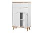 Armoire blanche avec deux tiroirs, un compartiment ouvert et un dessus en bois.
