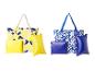 Sacs de plage et coussins gonflables : motifs citron et fleurs tropicales.
